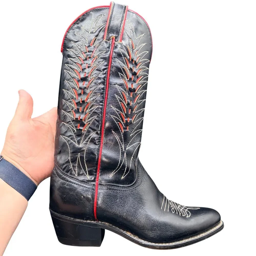 Vintage Wrangler Women’s 6 M Black Leather Cowboy Boots Red Western Embroidered